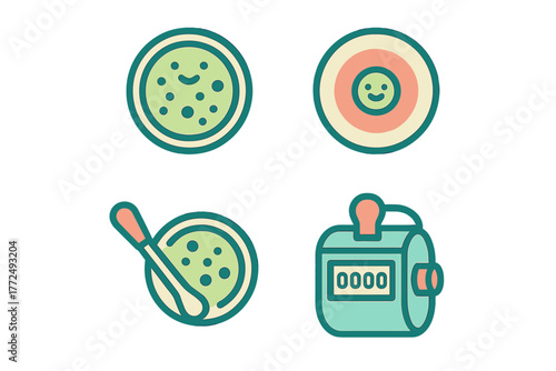 Colorful symbols depicting microbiology research, bacterial growth, and laboratory counting equipment