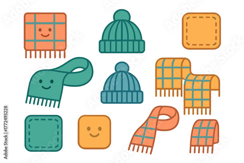 Cute cartoon winter accessories collection featuring knitted beanies and plaid scarves with smiling faces