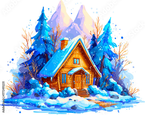 This stock illustration features a watercolor winter scene of a chalet and deer in a pine forest, isolated on a white background, making it perfect for Christmas design