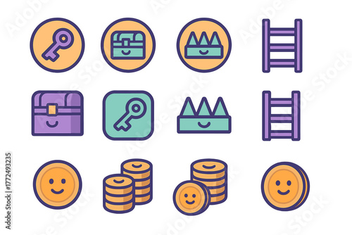 Colorful game icons featuring keys, treasure chests, crowns, ladders, and gold coins with smiling faces