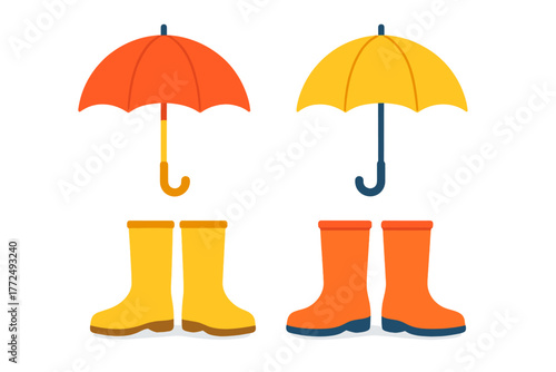 Bright orange and yellow umbrellas and matching waterproof rubber boots for rainy season