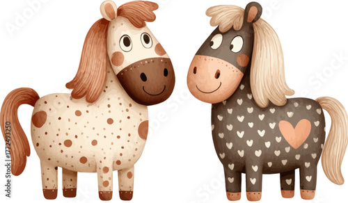 Watercolor stock illustration of a playful kid holding a horse doll