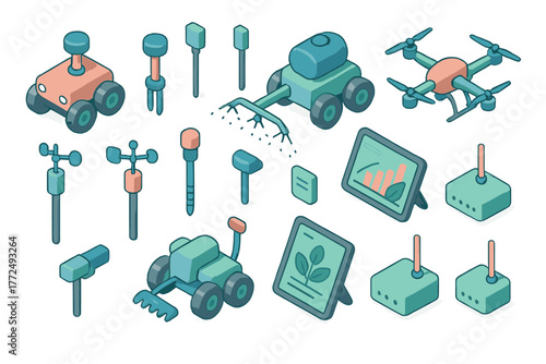 Isometric icons showing smart farming technology, automated machinery, and field sensors