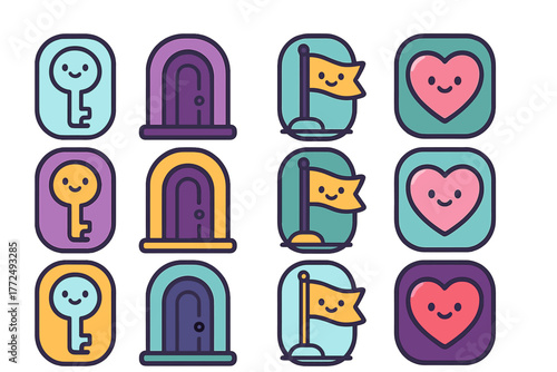 Collection of cute cartoon icons featuring keys, arched doors, flags, and smiling hearts in various color palettes