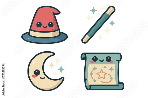 Cute cartoon magic icons featuring wizard hat, sparkling wand, crescent moon, and mystical scroll