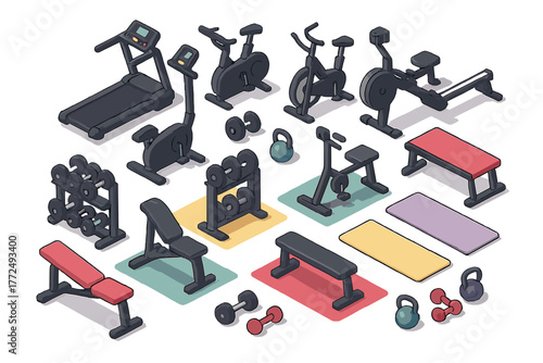 Isometric collection of essential gym and fitness equipment including weights and cardio machines