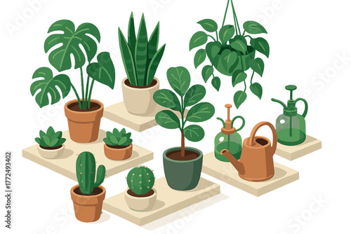 Potted houseplants and succulents displayed on shelves with watering cans and spray bottles