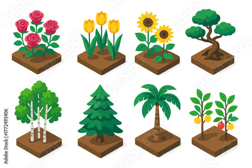 Isometric set of diverse garden plants, trees, flowers, and fruit saplings