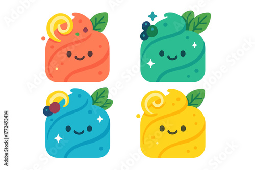 Four colorful cartoon dessert characters with happy faces and fruit toppings isolated on white background