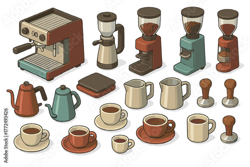 Isometric set of professional coffee shop equipment including espresso machine coffee grinders and cups