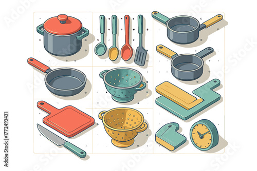 Large assortment of colorful cooking equipment and kitchenware items in isometric view
