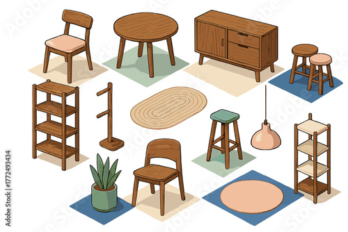 Modern isometric wooden furniture set with chairs table cabinet shelves and home decor objects