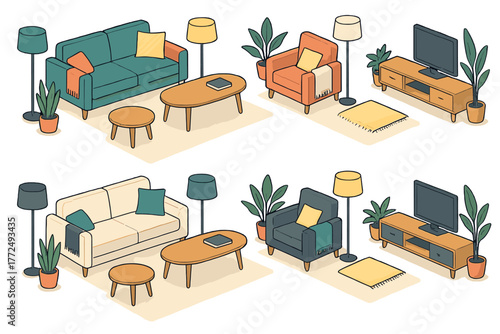 Isometric modern living room furniture collection with sofas, armchairs, tables, lamps, and plants