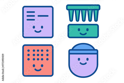 Adorable personal care and beauty product icons with happy smiling faces and bold outlines