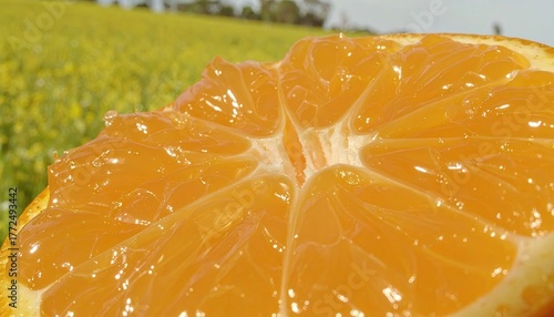 Closeup of Juicy Orange Pulp with Yellow Field Background