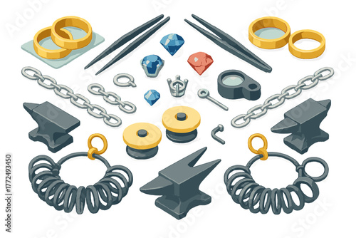 Jewelry making tools and materials set including gold rings diamonds anvils and sizers