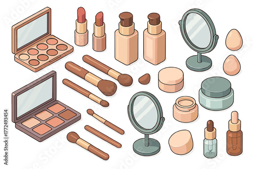 Isometric collection of professional makeup products and beauty accessories set
