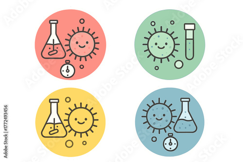 Colorful cartoon icons of cute microbes and laboratory glassware for science and medical research