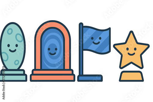 Cute cartoon icons for achievement goals featuring a star trophy flag and portal