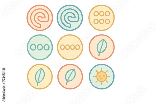 Nine minimal pastel icons for web and app design featuring nature and interface symbols
