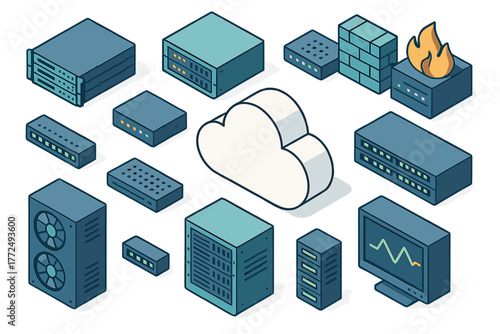 Isometric data center equipment including server racks, cloud storage, network security firewall, and monitoring display