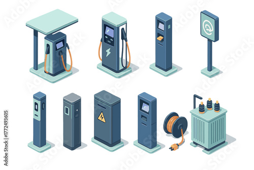 Isometric electric vehicle charging stations and power supply infrastructure elements