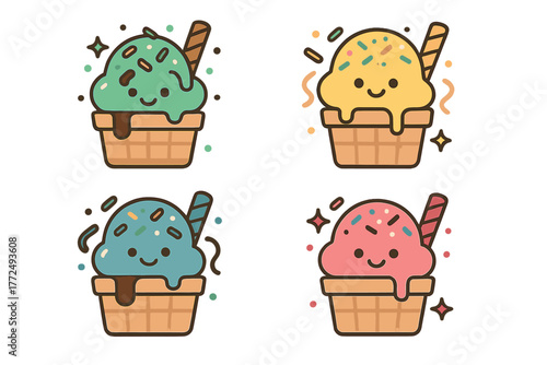 Four adorable cartoon ice cream cones with sprinkles and wafer sticks in bright colors