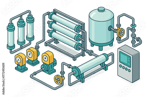 Industrial water filtration system with pumps, membrane filters, storage tank, and control panel