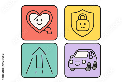Colorful icons set representing concepts of safety, health, navigation, and modern transport