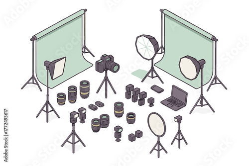 Professional photography studio equipment setup with camera and lighting gear
