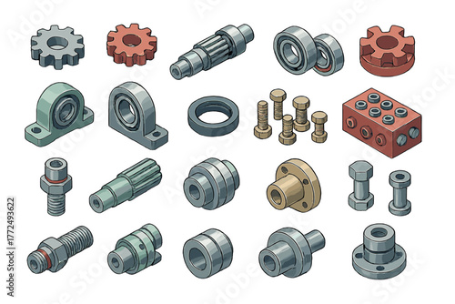 Various industrial mechanical components set including gears, bearings, shafts, couplings, and fasteners