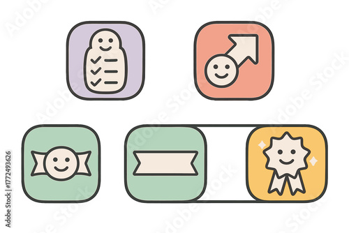 Cute pastel icons set for achievement, success, reward, and checklist concepts