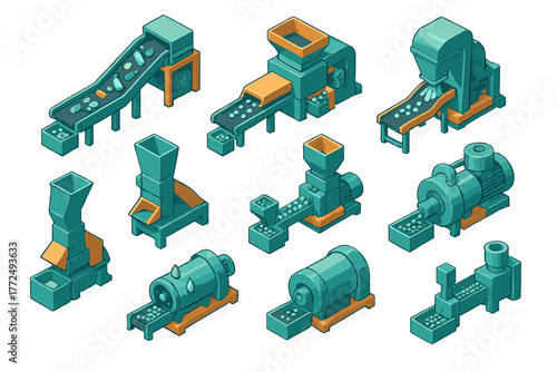 Isometric set of industrial machinery for manufacturing, recycling, and material processing