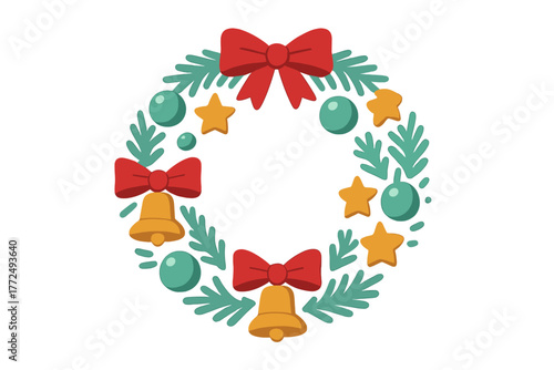 Traditional winter holiday wreath with evergreen branches, red ribbons, golden bells, and star ornaments