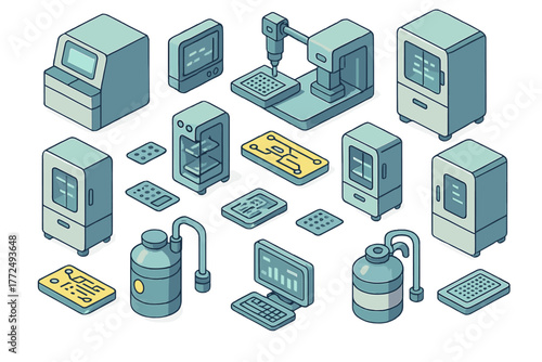 Isometric collection of automated laboratory equipment and microfluidic devices