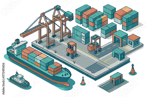 Busy container port terminal with cargo ships and cranes for global logistics and maritime transport