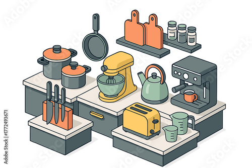 Stand mixer, coffee maker, toaster, and various cooking utensils on a kitchen counter