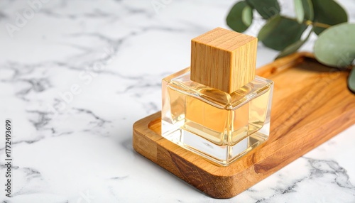 Elegant Square Perfume Bottle with Wood Cap on Marble Tray