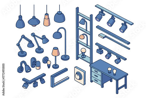 Large collection of isometric lighting fixtures including pendant lamps, desk lamps, floor lamps, and track lighting elements