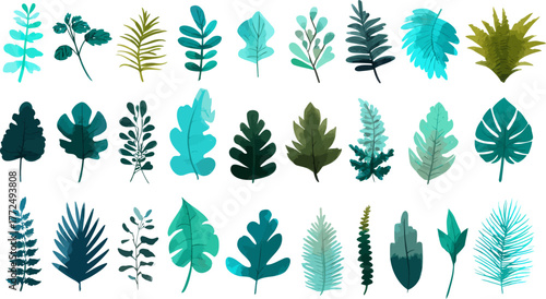 A natural botanical element is showcased by a cluster of vibrant green leaves attached to a thin stem