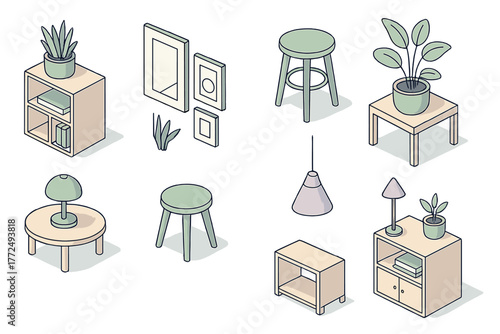 Isometric household furniture set including wooden tables, stools, shelves, lamps, and indoor plants