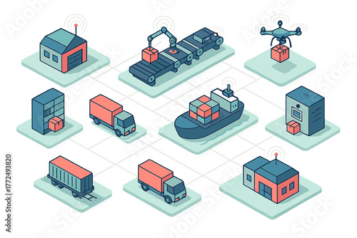 Global smart logistics network diagram showing automated warehousing, shipping, and drone delivery