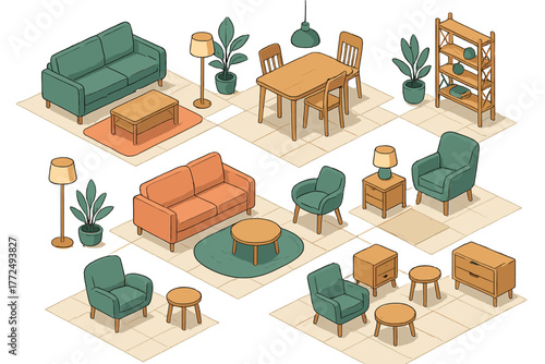 Isometric furniture set featuring modern sofas armchairs tables and lamps for interior design