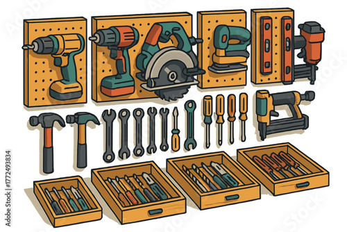 Comprehensive collection of workshop and construction tools including power drills, saws, hammers, and wrenches