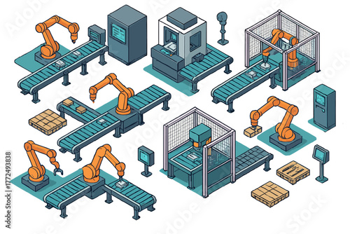 Modular automated industrial production line elements with robotic arms and conveyor belts