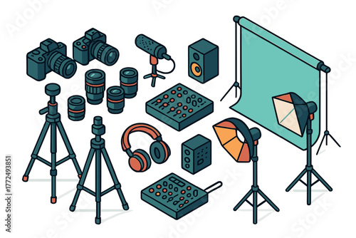Isometric set of professional photography videography and audio production equipment