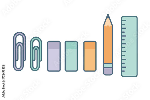 Minimalist design of various office and school supplies in a horizontal line