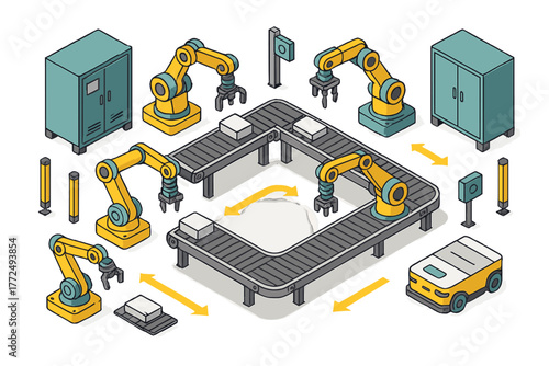 Modern automated manufacturing process with robotic assembly arms and conveyor belt logistics