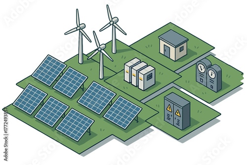Isometric view of a renewable energy power station utilizing solar panels and wind turbines with battery storage and control units
