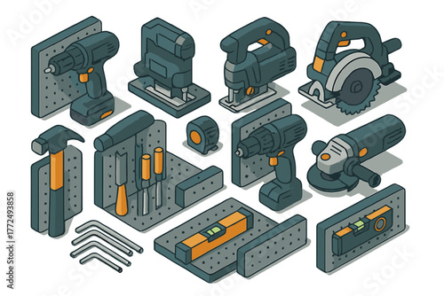 Isometric arrangement of construction power tools, measuring devices, and hand instruments for DIY projects